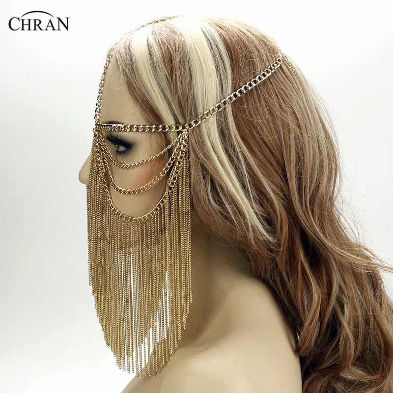 Chran, Золотая Сексуальная Женская многослойная цепочка на голову с кисточками, головной убор, ювелирное изделие, повязка на голову, маска для лица с кольцом, украшения для тела CRB4139