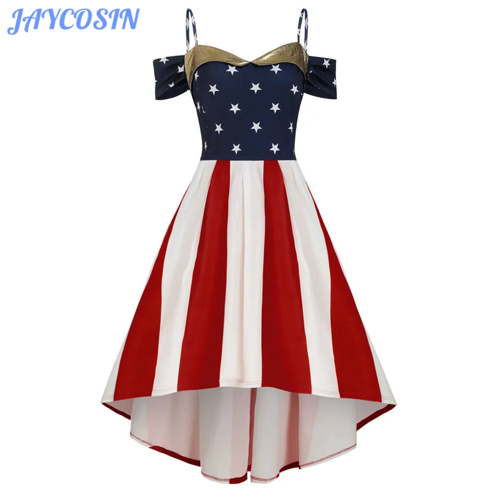 

JAYCOSIN Women Clothes Sexy Sling American Flag Printed Dress Fashion Plus Size 5XL A-Line Summer Evening Party Maxi Dress 2019