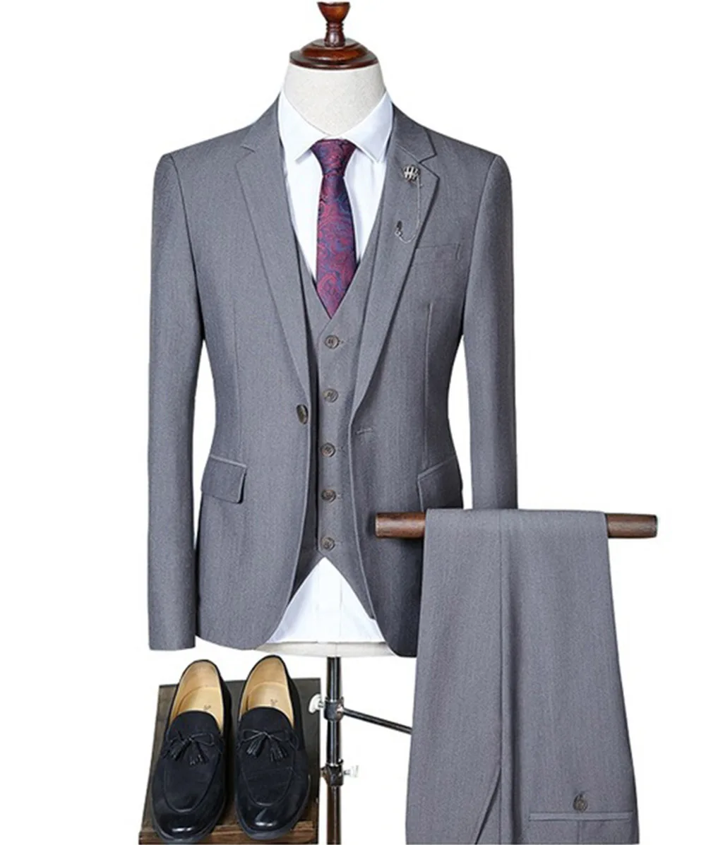 Мужские костюмы Slim Fit серый/белый/шампань три предмета костюм деловой пиджак жениха смокинги для свадьбы вечер(Блейзер+ жилет+ брюки
