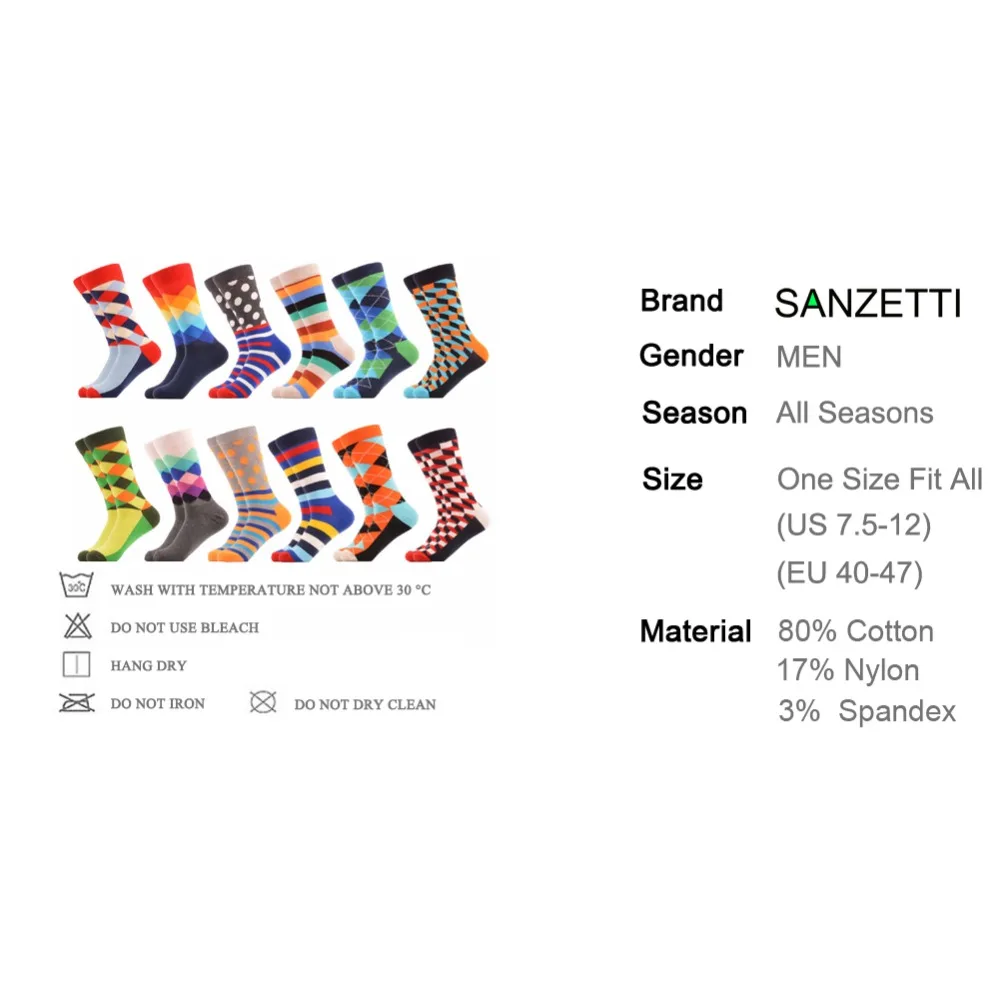 SANZETTI 12 пар/лот Подарочная коробка классический Для мужчин хлопка красочные Причинно смешные носки в горошек узор красочный скейтборд носки