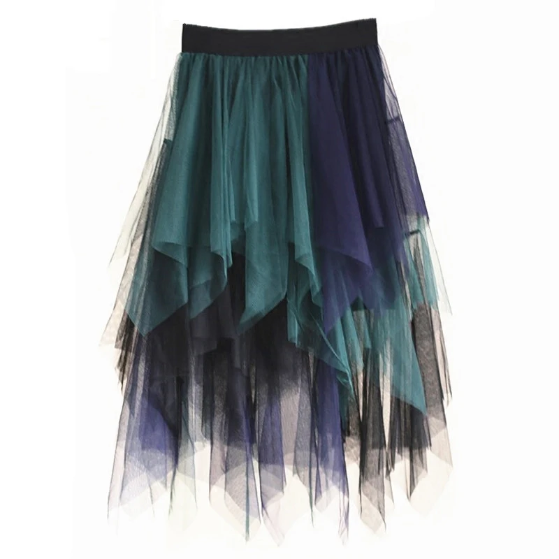 Multi-Layered Colored Mesh Patchwork High Low Long Skirts Summer High Waist Irregular Puffy Tulle Calf Long Pleated Skirt - Цвет: Синий