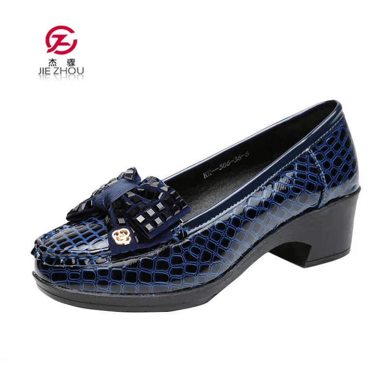 

Concise Women Pumps Genuine Leather Square heel shoes Woman Round toe Shallow Crystal Butterfly knot High Heels