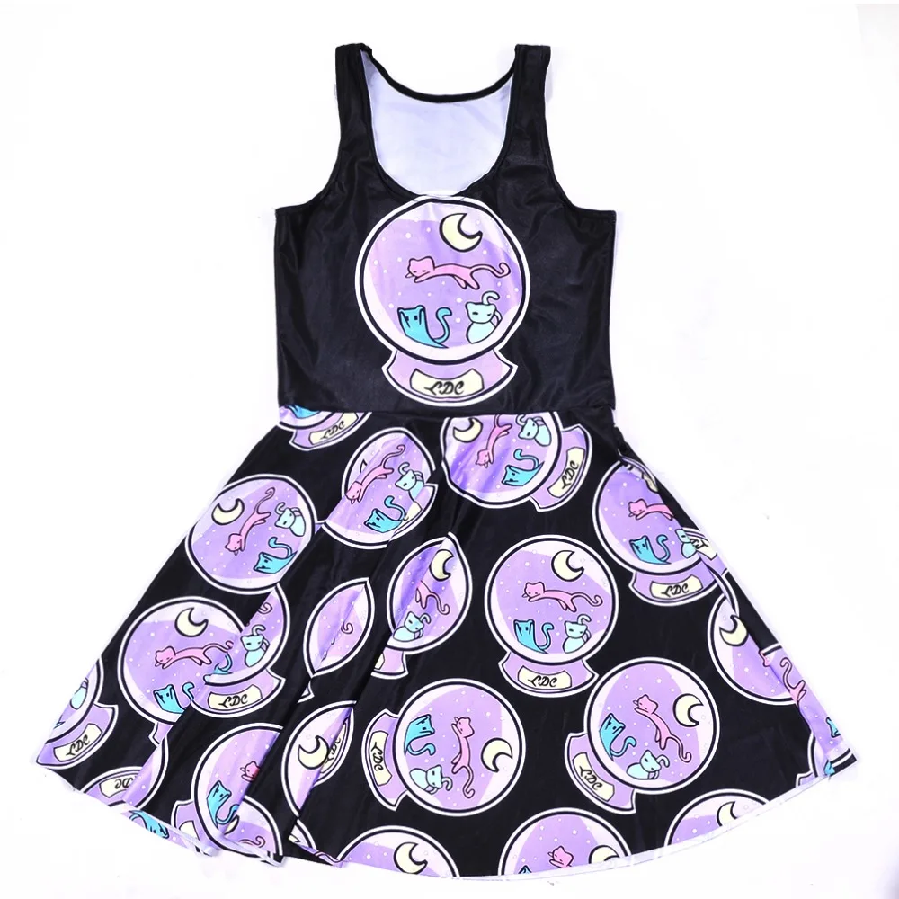 

Plus size Girls dress 2015 Women Dress Digital Print Cute purple cat moon universe Sleeveless Beach DRESS vestidos Drop Ship