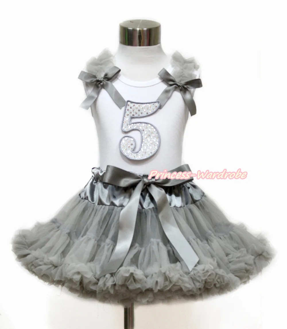 

Gray Ruffle Bow 5TH Birthday White Top Gray Pettiskirt 1-8Y MG1132
