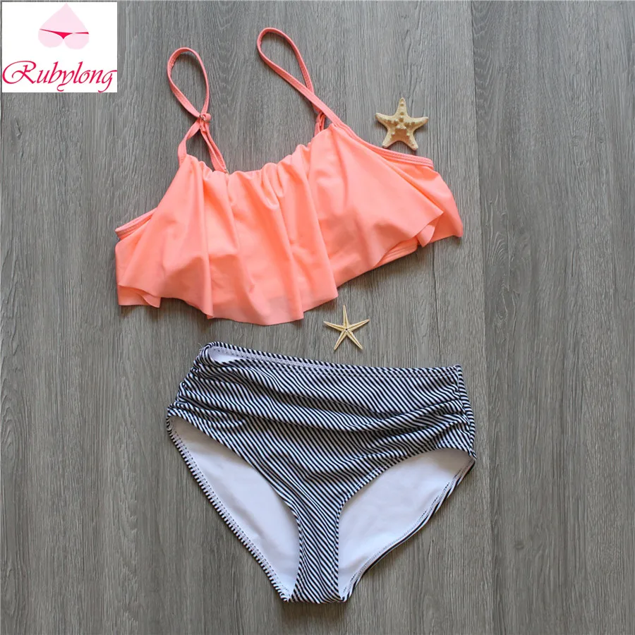Rubylong Cutest Ruffled Bikinis Women Swimwear 2017 New Sexy High Waisted Bikini Set Beach Bathing Suits Biquini Plus Size |