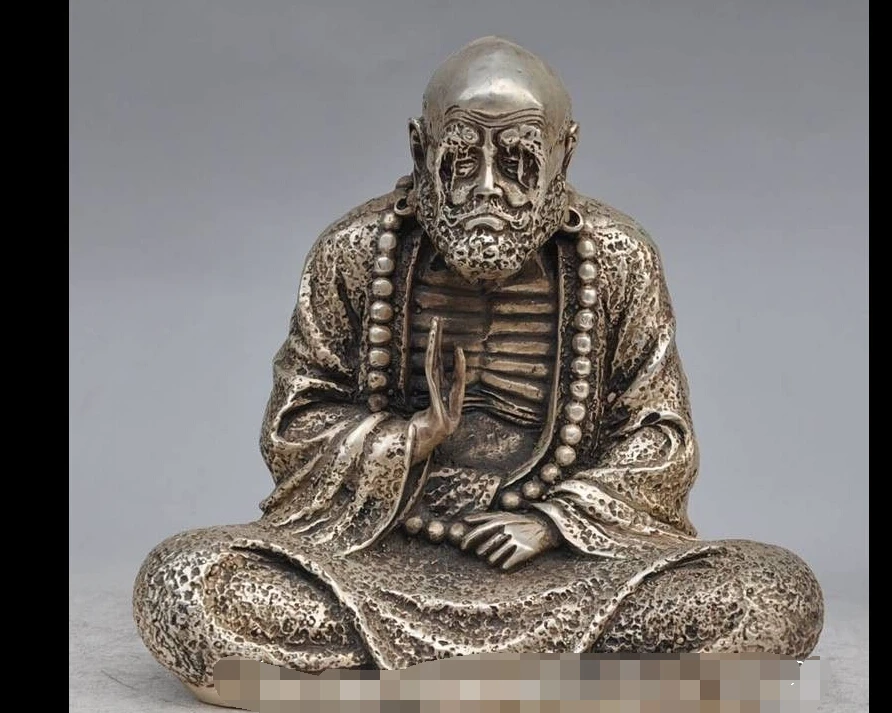 

$old craft $ China Buddhism Temple silver copper Bodhidharma damo Dharma arhat Buddha Statue (A0314)