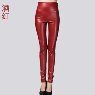 Новая весенняя женская брендовая одежда с высокой талией узкие брюки из искусственной кожи женские модные флисовые обтягивающие брюки из искусственной кожи Леггинсы - Цвет: Wine Red