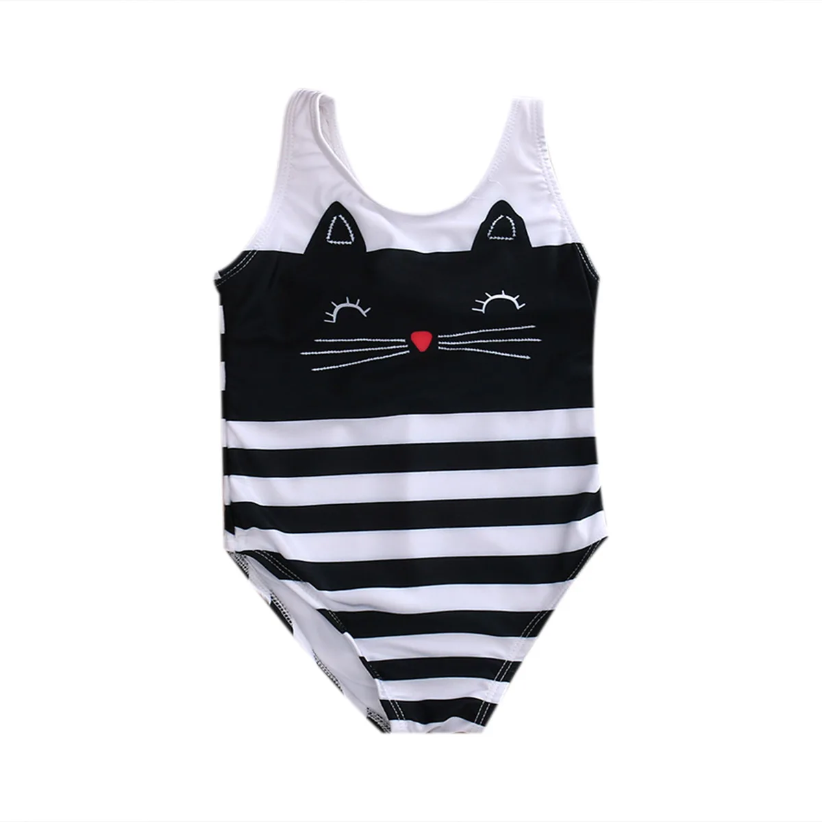 

Hi Hi Baby Store Kids Baby Girls Black Cartoon Cat sleeveless Striped Bikini Bodysuits Swimsuit 1-6Y