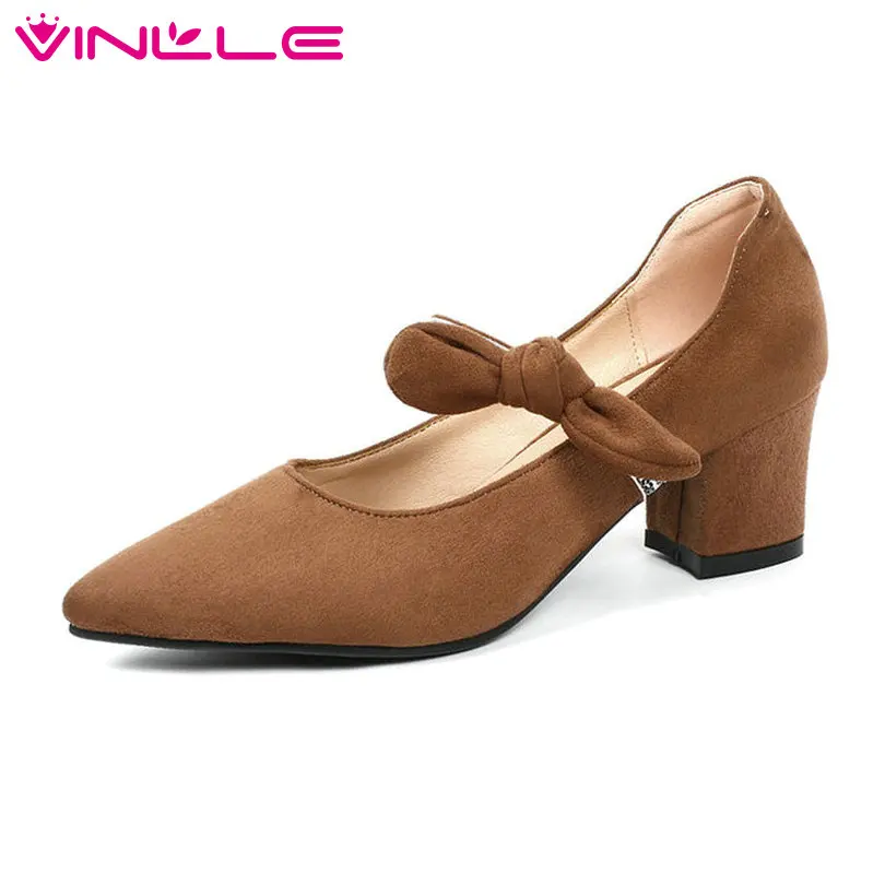 

VINLLE 2018 Women Shoes PU Leather Solid Square Med Heel Slip On Fashion Platform Butterfly-Knot Ladies Wedding Pumps Size 34-43