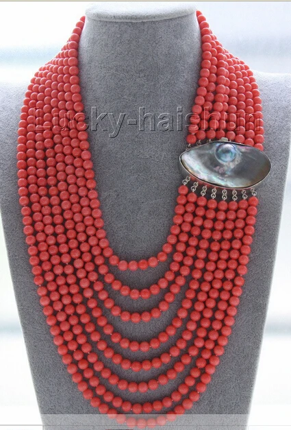

Hot sale AAA 16"-23" 8row 6mm round pink coral beads necklace 925s mabe pearl clasp