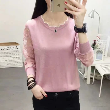

Women Knitted Fall 2019 Pullover Tops Lace Long Sleeve Jumper O-Neck New Ladies Knitting Pull lace Sweaters Beige Solid Color