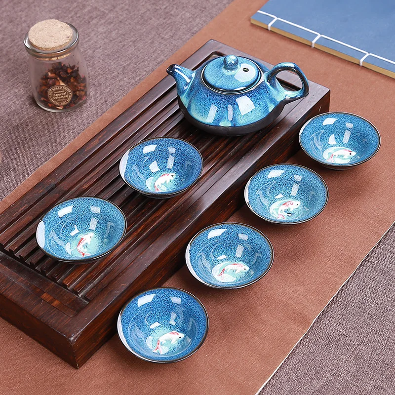 Jun фарфоровый чайный набор кунг-фу Tenmoku fish fun tea cup ore Zisha чайный горшок набор 1 чайный горшок+ 6 чашек