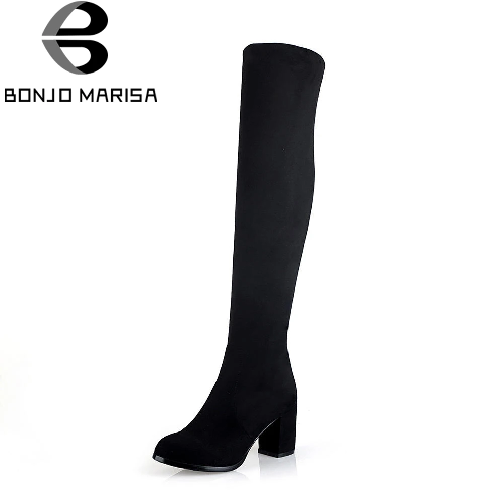 

BONJOMARISA Large Size 32-43 Black 7 Cm High Heels Knee High Boots Women Autumn 2019 New Sexy Fashion Soft Shoes Woman