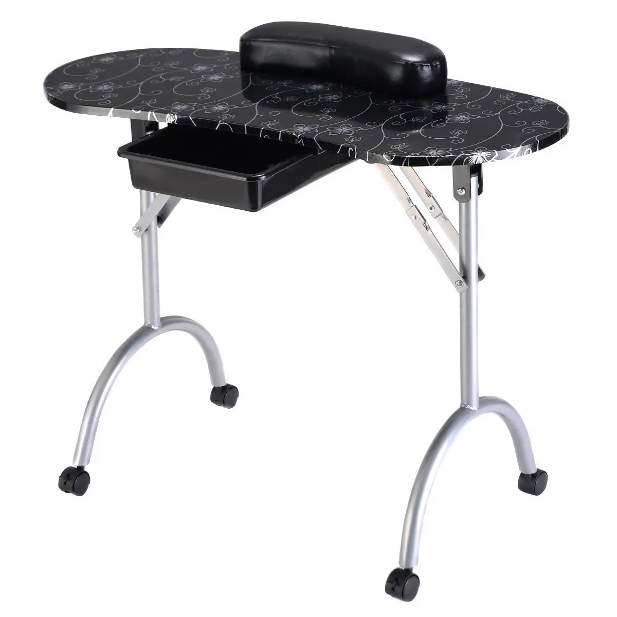 Модный узор с сумкой стабильный и прочный съемный портативный складной стол для ногтей с выдвижным ящиком колеса MT-017F - Цвет: Черный
