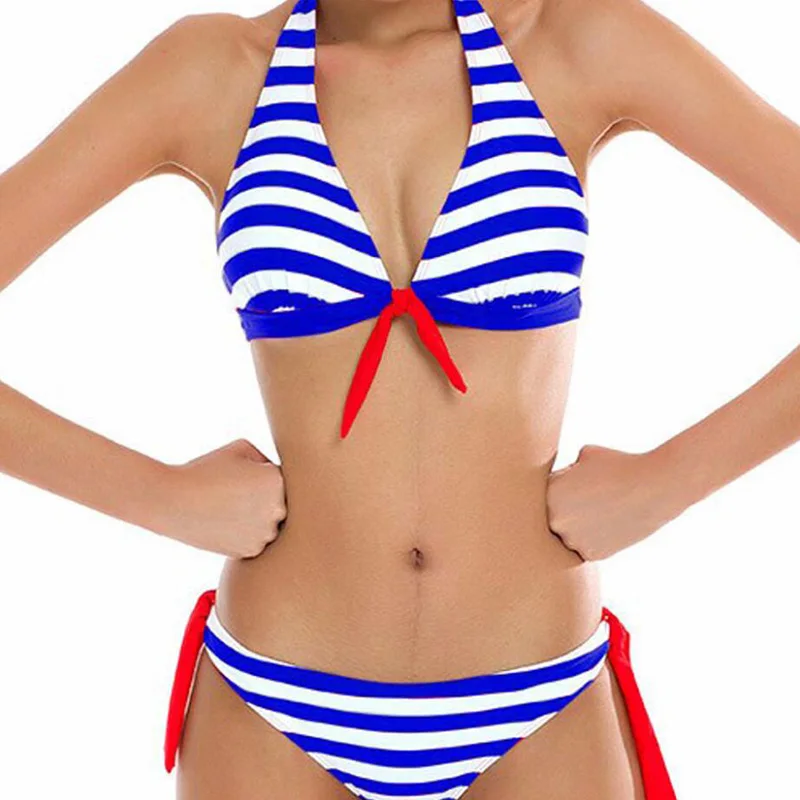 Sexy color striped strap hanging neck padded no steel ring split bikini two-piece swimsuit free shipping Sexy color striped strap hanging neck padded no steel ring split bikini two-piece swimsuit free shipping