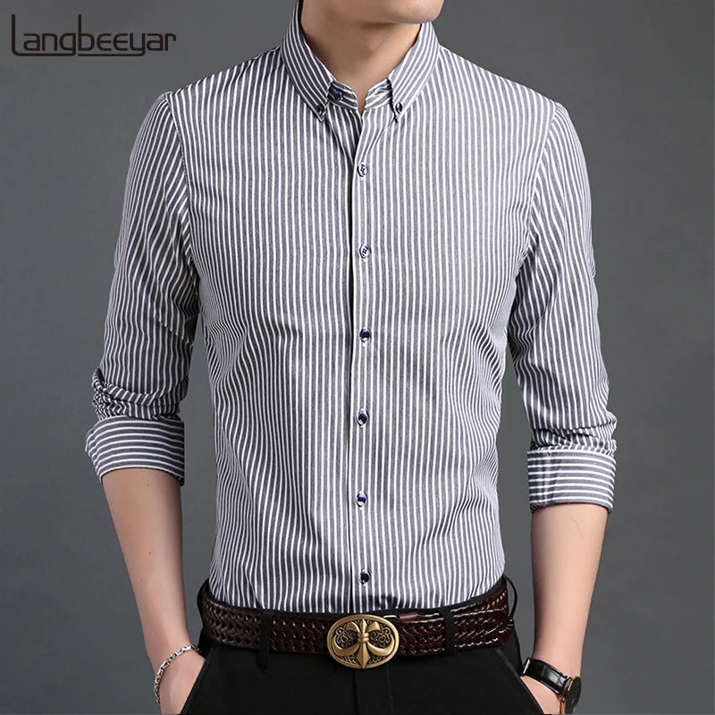 

2019 Fashion Brand Designer Shirt Man Stripped Dress Shirts Workout Long Sleeve Slim Fit Street Wear Korean Casual Mens Clothing