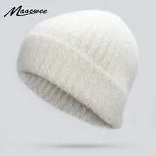 Женские зимние белые шапки бини вязаная шапка из кроличьей шерсти женская шапка Skullies s Gorros одноцветная шапка Лыжная маска шапка Gorro