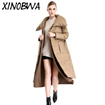 

New Women Winter High Fashion Covered Button Pockets Patchwork Long Down Jackets Withe Belt Female Faux 2 Piece Thick Warm Coats