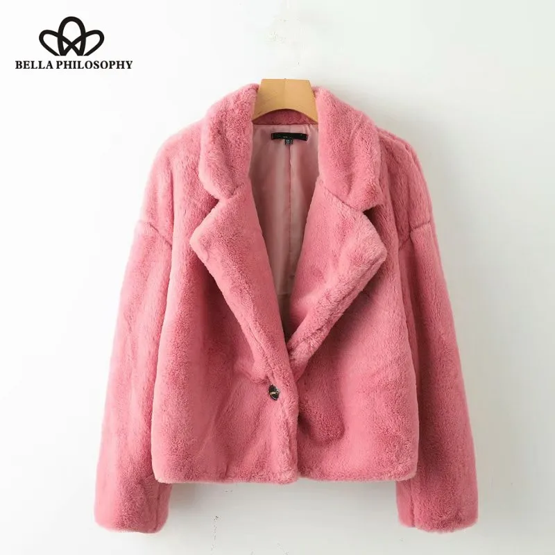 Wonder 2018new autumn winter solid color warm Artificial fur coat femal chic long sleeve outerwear jacket lady sweet casual tops