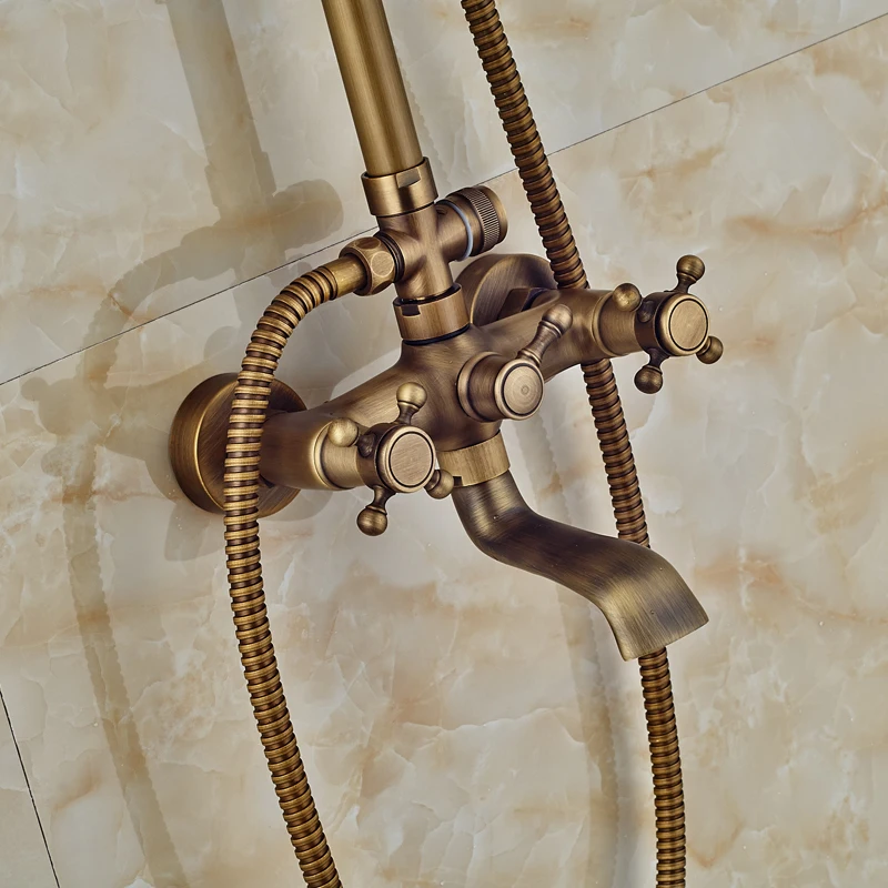 Современный 6-параметры модели: рост-Ванная комната поверхностного монтажа латунь дождевой Душ кран Набор античная латунь с ручной душ+ ванна носик