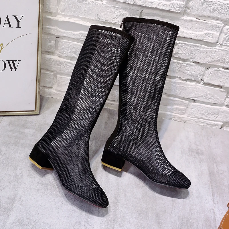 

Spring Summer Women Boots Mid Calf Boots Thick Heel Shoes Woman Air Mesh Med Heels Boot Ladies Black Color Heels Size 35-39