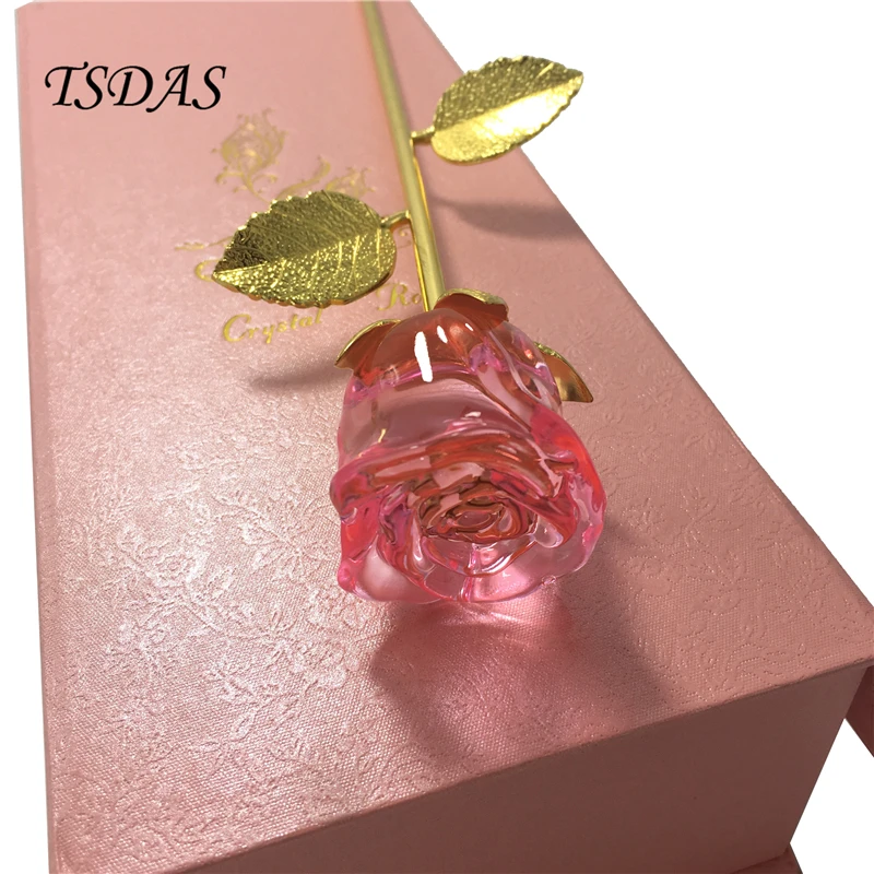 Crystal Rose Flower With Nice Gift Box, Pink Gold Dipped Rose Crystal Flower For Ladies 1pc Free Shipping