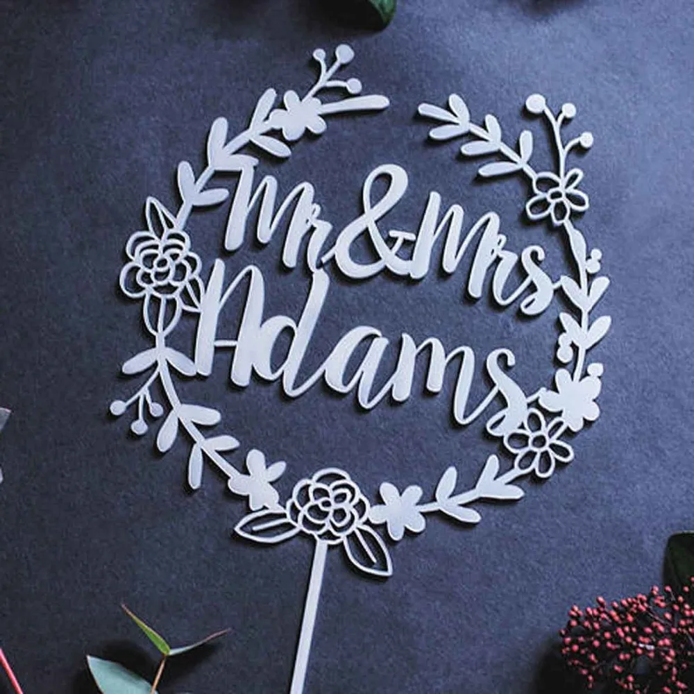 Personalised Wedding Cake Topper Mr and Mrs Wreath Cake Topper With Last Name Customized Cake Topper Custom Wedding Cake Topper (2)