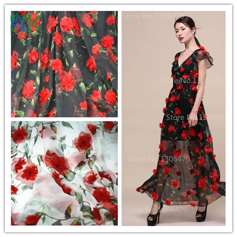 New 2016 SK Lace Fabric Art summer black white three-dimensional embroidery flower 130cm chiffon lace dress clothing d |