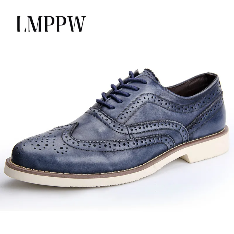 

New 2018 Autumn Genuine Leather Men Brogue Shoes British Fashion Retro Men Oxfords Shoes Blue Brown Brand Designer Men Flats 2A