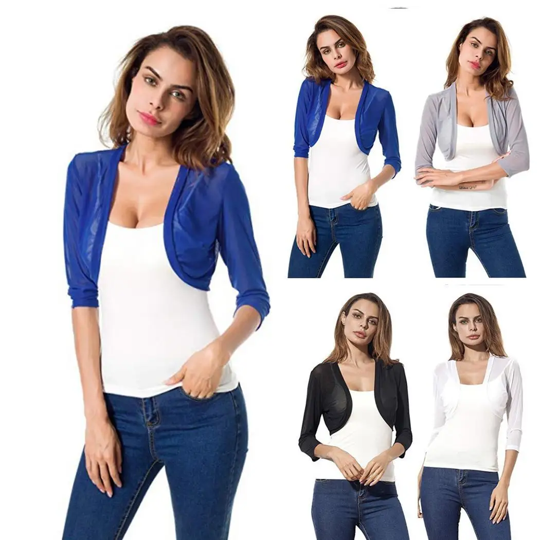 

Women 3 Quarter Sleeve Mesh Shrug Open Casual Fashion Three Front Floral Short Slim Three Design Cardigan