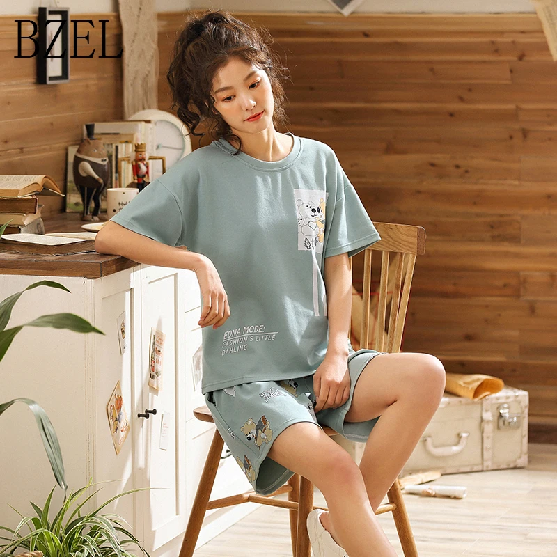 

BZEL Pajamas Sets Women Pijamas Cortas Cotton Bear Print Sleepwear Short Sleeve Pyjamas Femme Women Sleepwear Shorts Lounge Sets