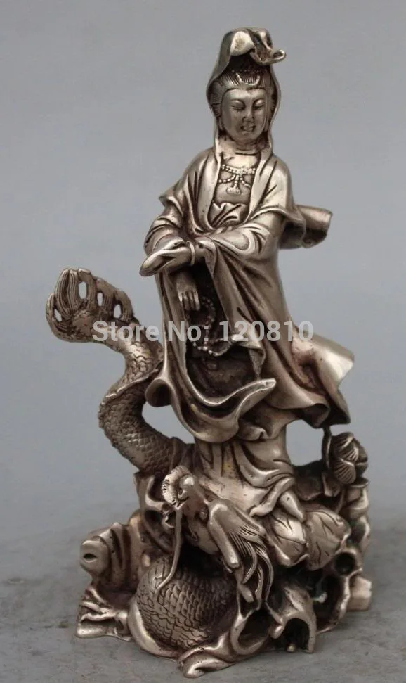 

9" Chinese Silver Kwan-yin Guanyin Ride Dragon Lotus Lianhua Buddha Statue