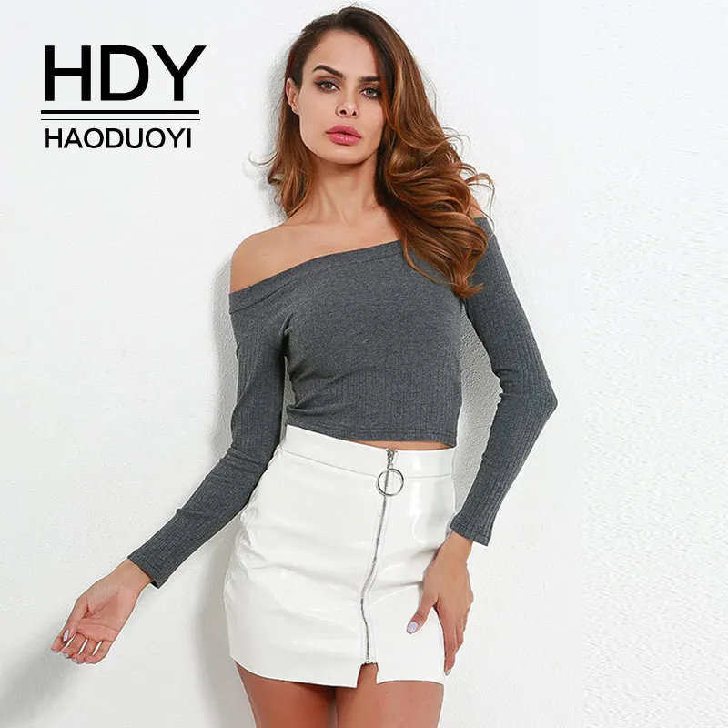 HDY Haoduoyi Mini T-Shirts Women Slash Neck 2018 New Off-Shoulder Long Sleeves Bodycon Sexy Ladies Tops Casual Female Tshirts | Женская