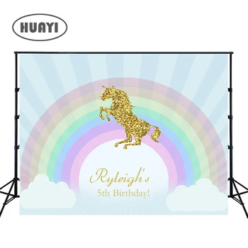 

photo backdrops Birthday banner golden unicorn rainbow birthday party background fantasy props for newborn customized W-296