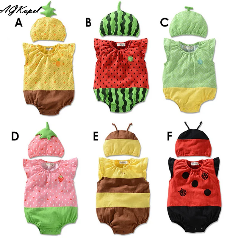 Горячая 2016 Baby Rompers Девушки Одежда Набор Фрукты Ползунки + Шляпу Младенческой