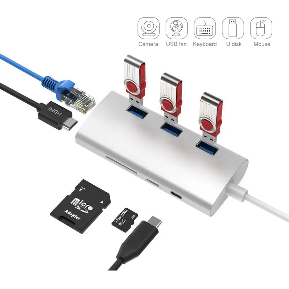 8in1 USB Type C 3.1 HUB For Type C To 3 USB 3.0 / 4K HDMI / RJ45 Ethernet / Micro SD TF Card Reader / USB Type C OTG HUB