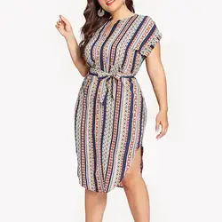 Большие размеры платье женщина полосатый Свободные повседневные платье с коротким рукавом летнее пляжное платье boho vestidos женский сплит