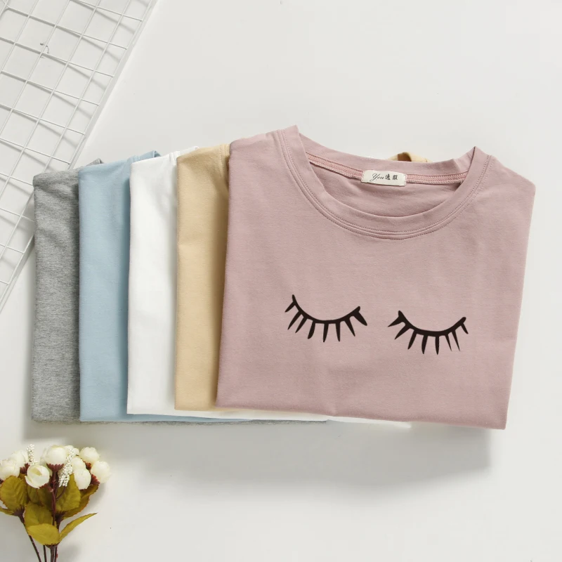 

100% cotton T shirt Women Tops Summer O-neck T shirt eyelashes printed Tops high quality T-shirt for woman top t shirt