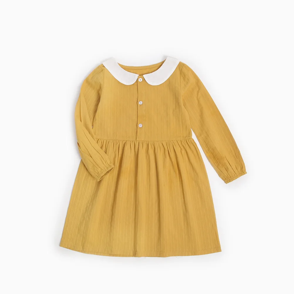 

2018 Spring New Girl Dress Peter Pan Collar Mustard Children Dress Kids Casual Dress European Girls Clothing