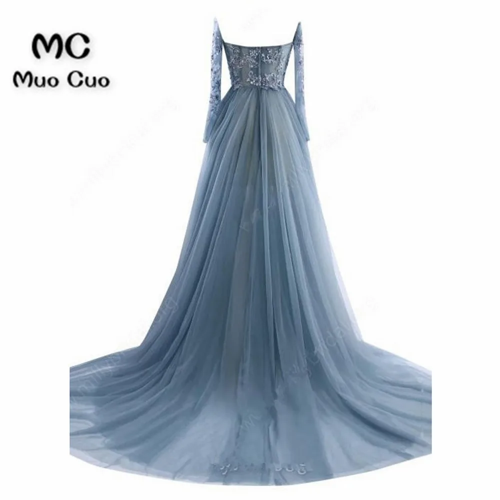 LATEST A-LINE V-NECK TULLE COURT TRAIN APPLIQUES LACE LONG SLEEVE PROM DRESSES