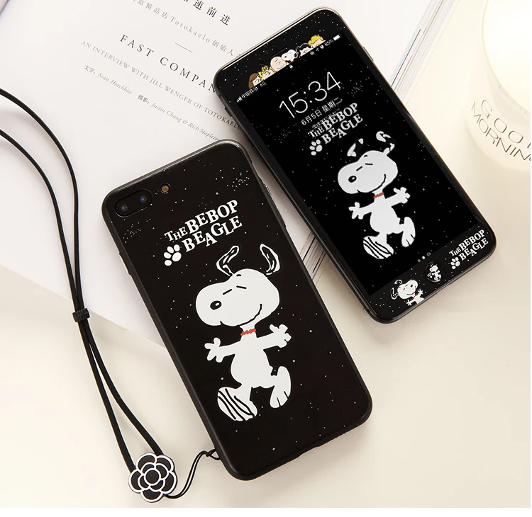 

Black cover For iPhone 8 /8plus case & dog tempered glass film for iPhone 7 7plus/6 6s plus phone cases +Button stickers + strap
