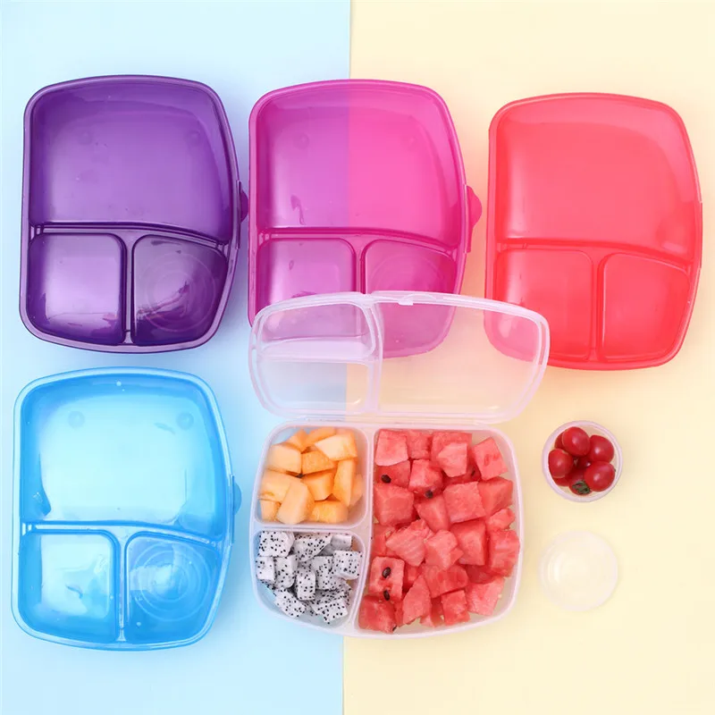 

Portable 3 Grids Fruit Sealed Lunch Boxes Home Kitchen Supplies Colorful Storage Box Outdoor Camping Plastic Lunch Box