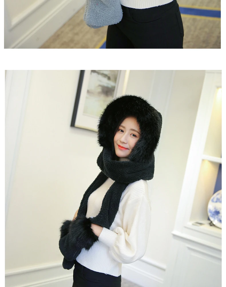 New Korean Version Of The Bib Hat Thick Warm Scarf Hat Gloves Three Pieces One Large Fur Collar Three-Piece Set For Women SN53 (16)