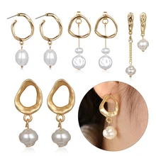 Трендовые серьги-гвоздики в Корейском стиле с металлическим золотым геометрическим неровным круглым квадратным натуральным искусственным жемчугом для женщин, подарок для девушек