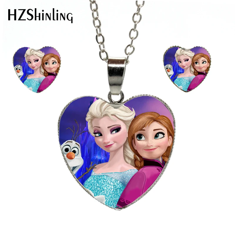 

2018 New Trendy Silver Statement Heart Necklace and Earrings Jewelry Set Elsa Snow Queen Anna Princess Heart Necklace Earrings