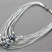 Горячая распродажа стиль >>>>> 11- 12 мм серый и черный жемчуг пресноводных на несколько 7,5-дюймовый-strand кожи женщин ожерелье