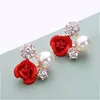 Vintage Red Rose Earrings Rose Gold Color Crystal Rhinestone Pearl Butterfly Flower Stud Earrings  Women Gifts Wedding Jewelry ► Photo 3/6