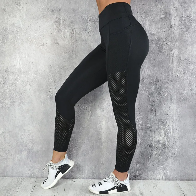 Black Fitness Leggings High Elastic Mesh Patchwork Legging