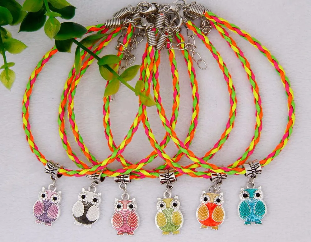 

Hot 30pcs Zinc Alloy Drop Glaze Beautiful Owl Charm Pendant 20CM Color Braided Rope Bracelet Fashion Jewelry For Women&Men G808