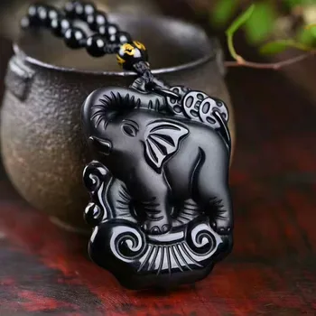 

Natural Obsidian Elephant Pendant Carved Scrub Auspicious Baby Elephant Pendant